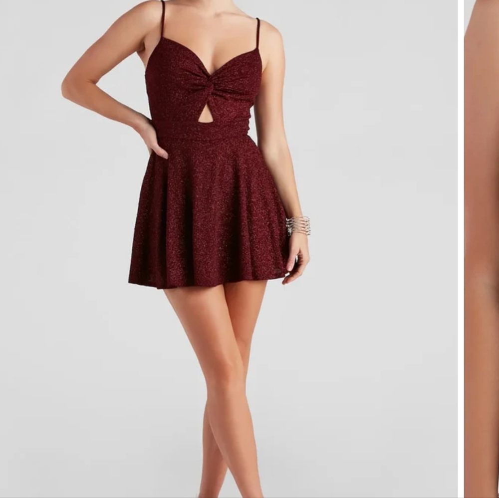 Windsor Burgundy Glitter Mini Dress with Spaghetti Straps And Key Hole Cutout